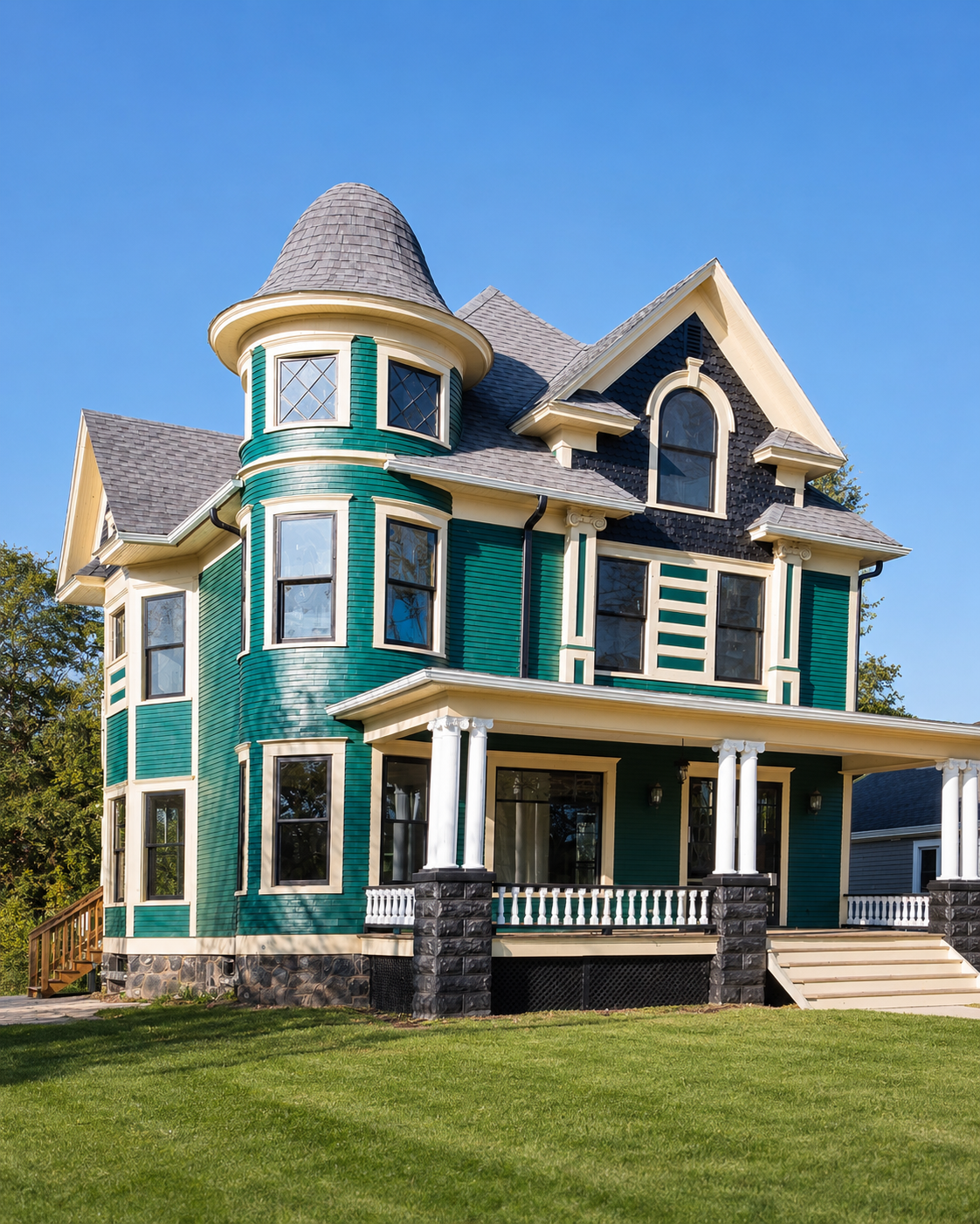 Exterior of the restored Queen Anne home with turret, full roofline, front porch, and steps